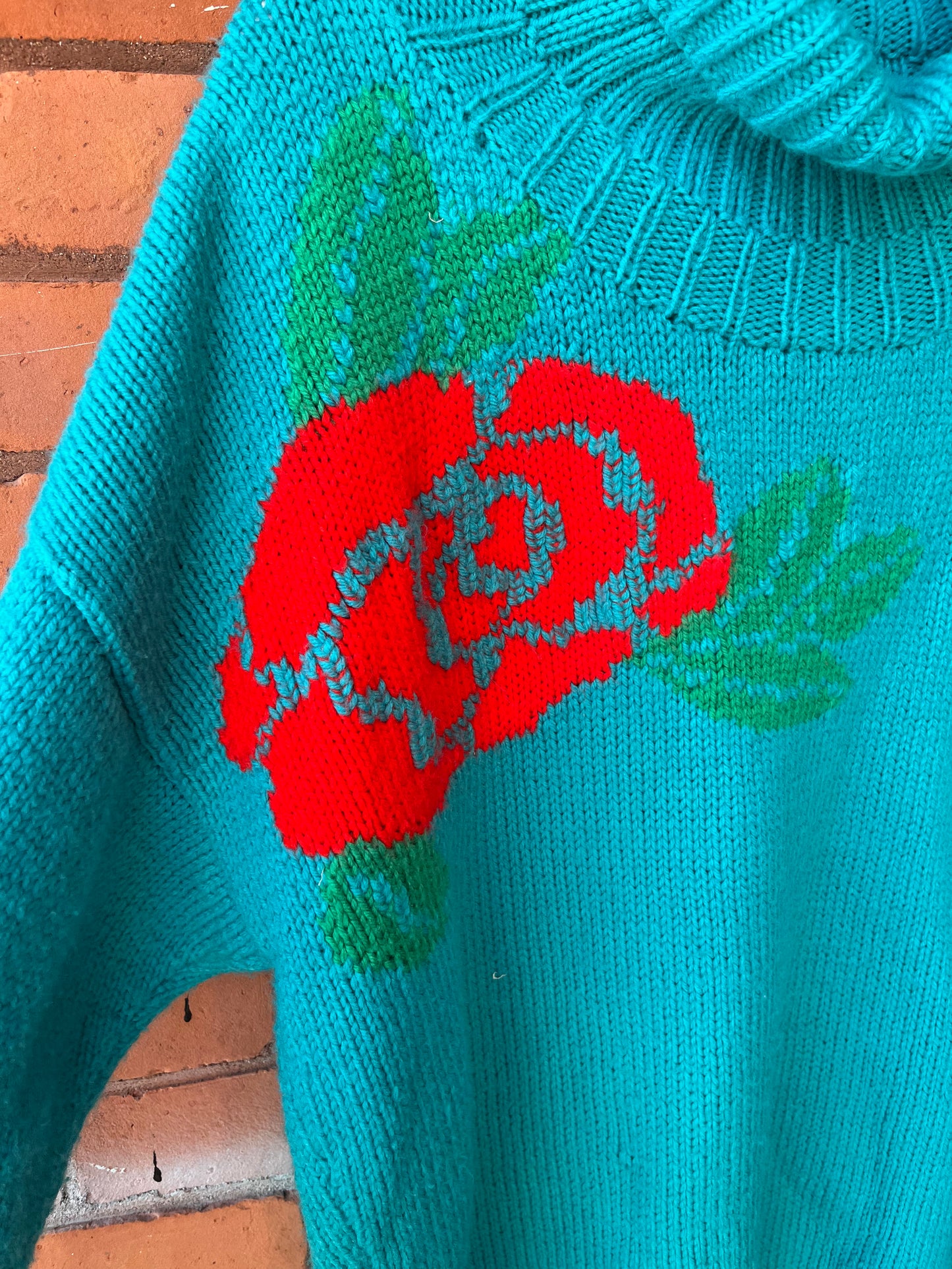 90’s Vintage Handmade Turquoise Rose Sweater / Size XL