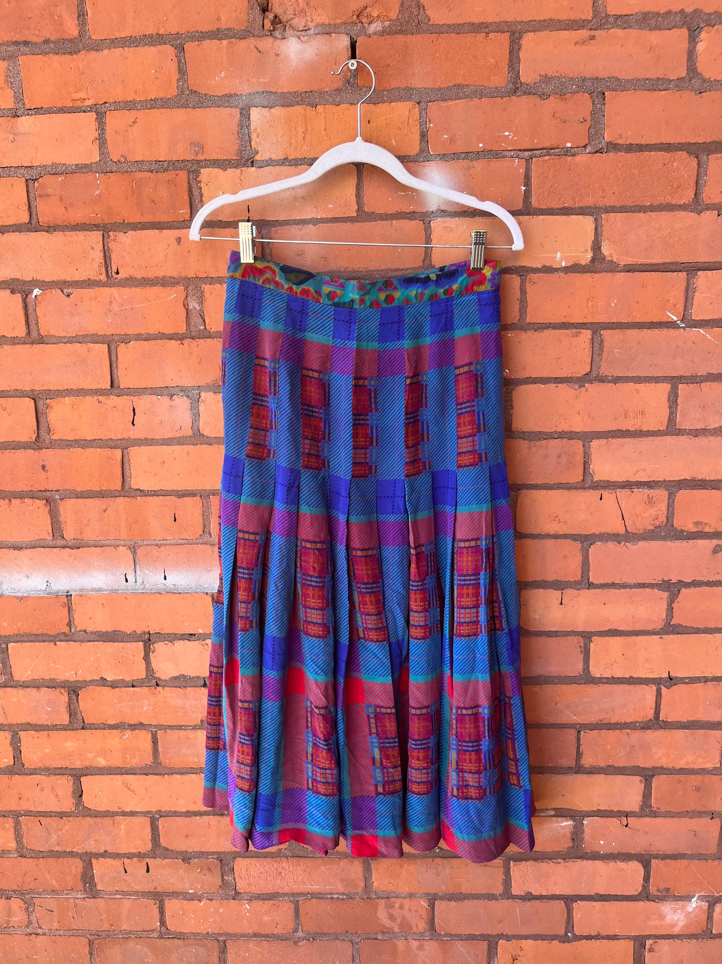 90’s Vintage Playful Plaid Pleated Silk Midi Skirt / 28 Waist