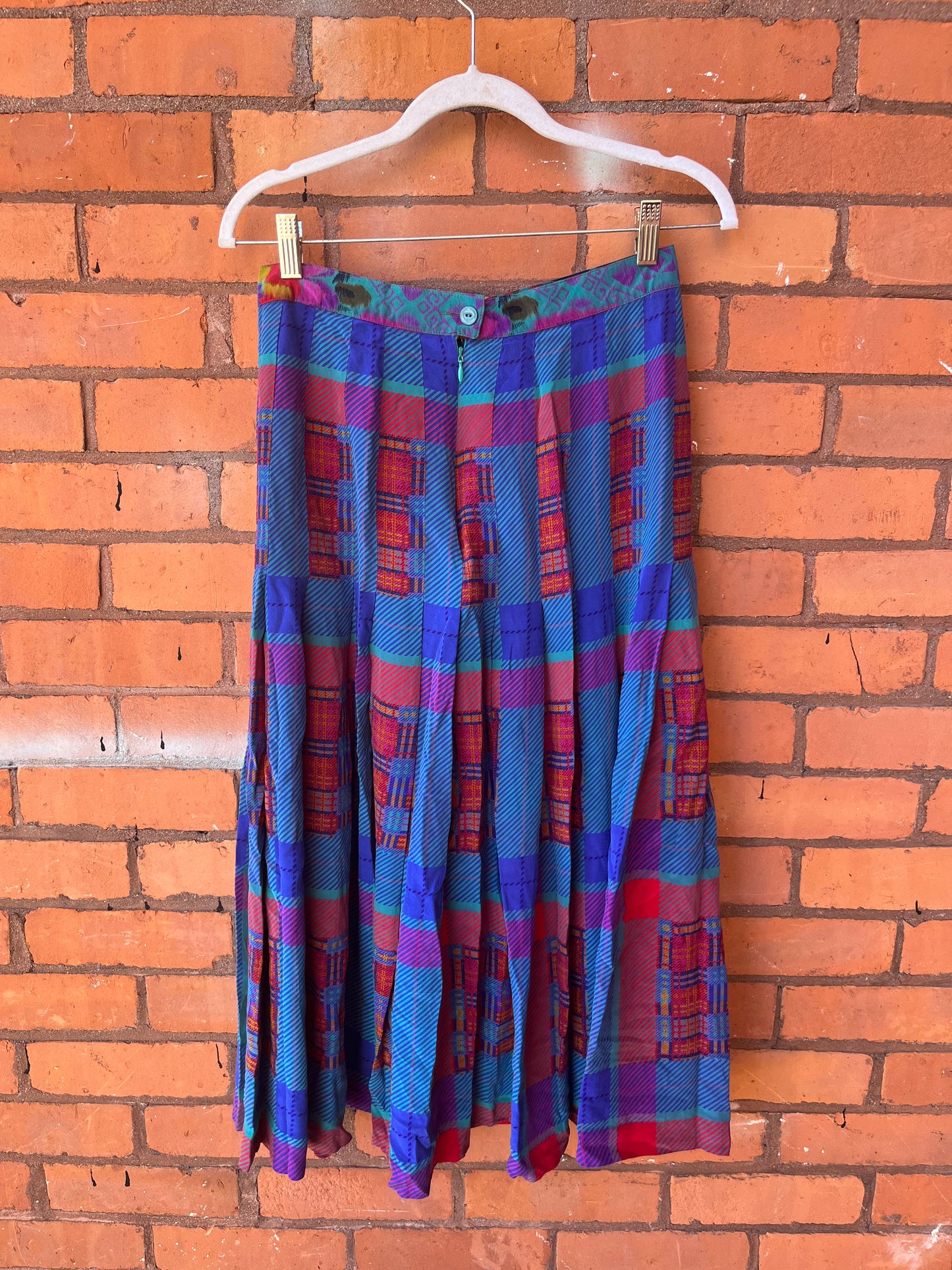 90’s Vintage Playful Plaid Pleated Silk Midi Skirt / 28 Waist