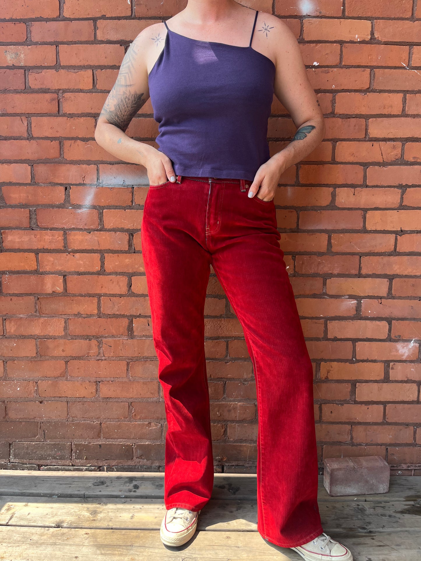 90’s Vintage Red Faux Suede Flare Pants / 30 Waist