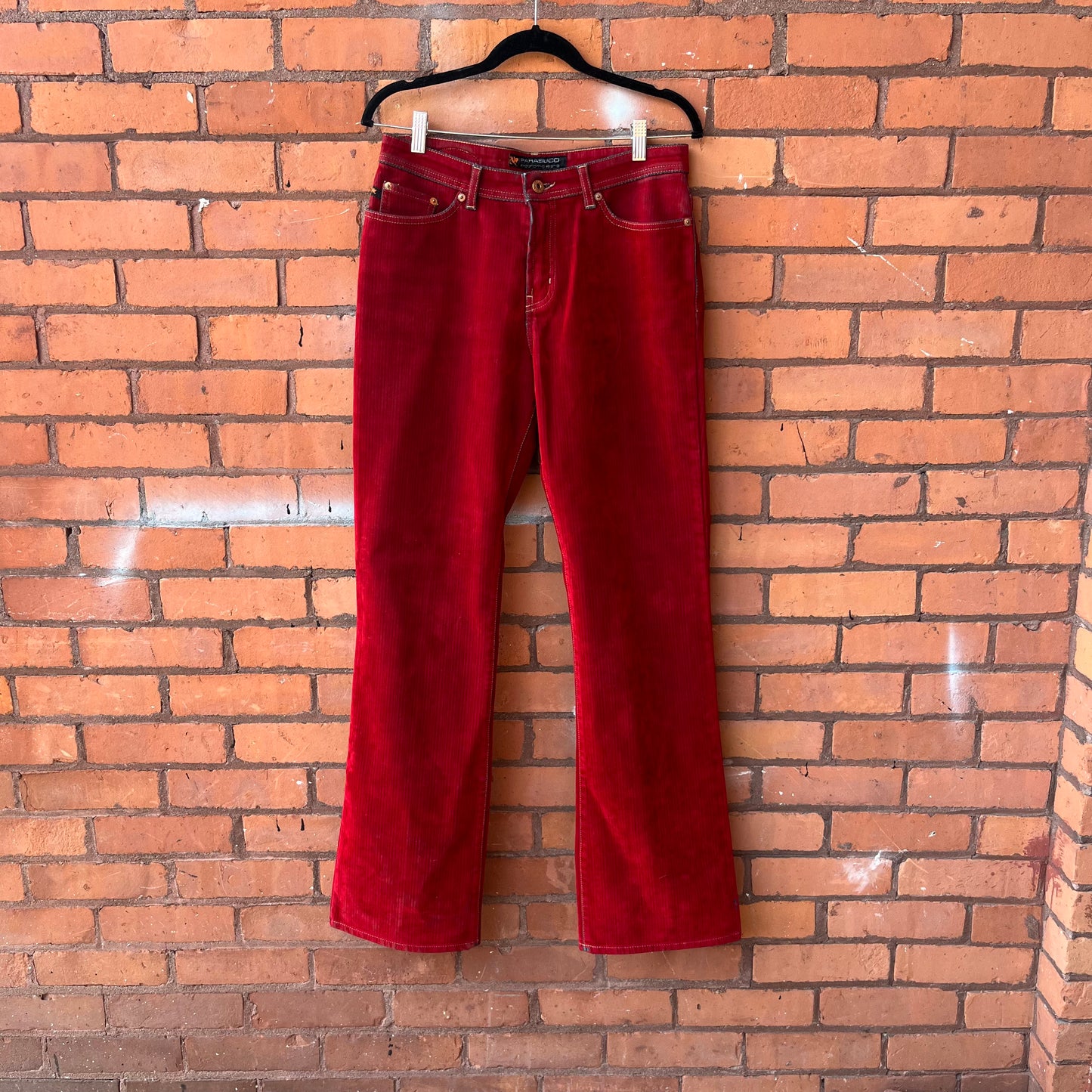 90’s Vintage Red Faux Suede Flare Pants / 30 Waist