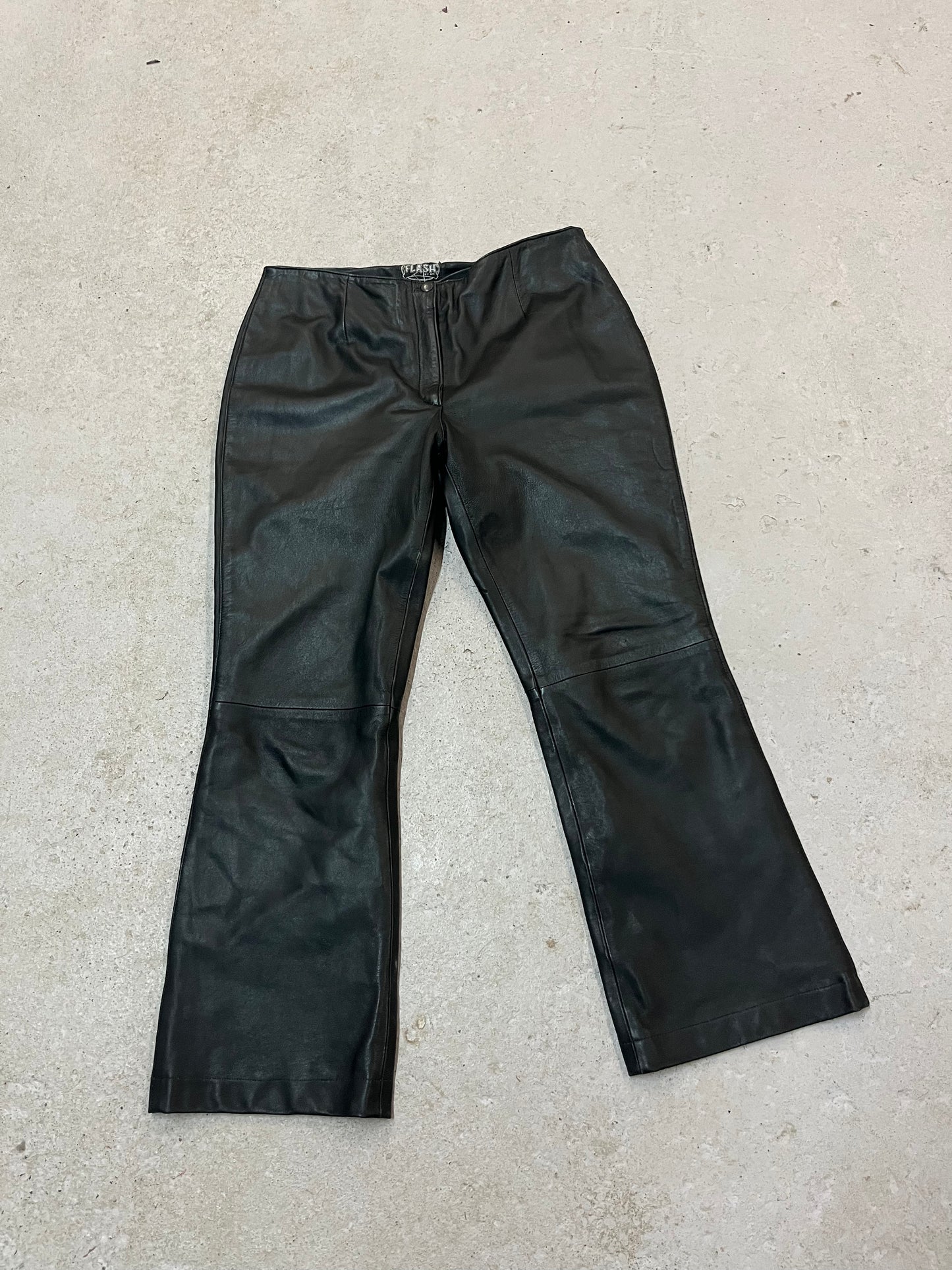 90’s Vintage Black Leather Mid Rise Kick Flare Pants / 32 Waist