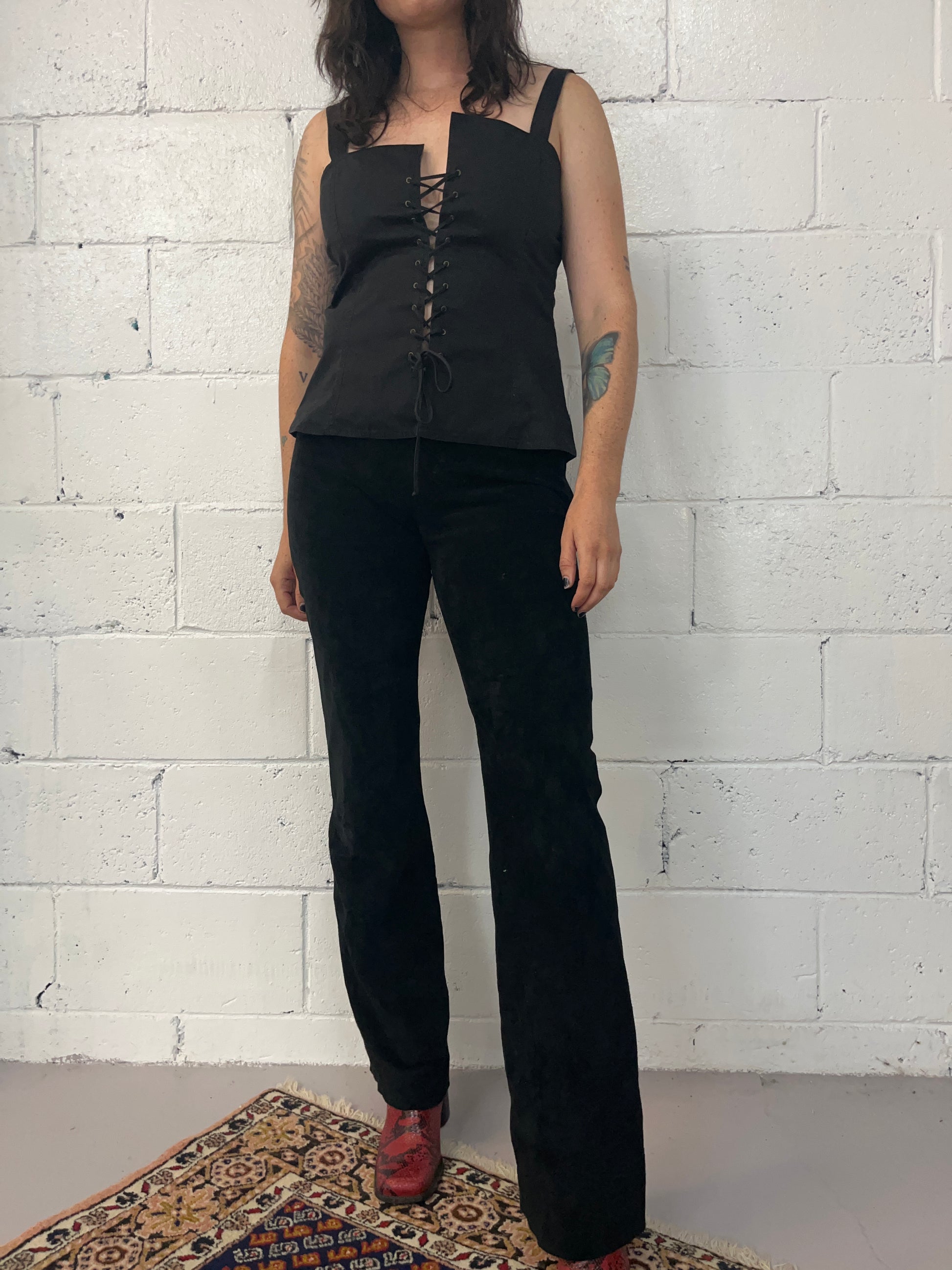 90’s Vintage Danier Black Suede Mid Rise Flare Pants / 31 Waist