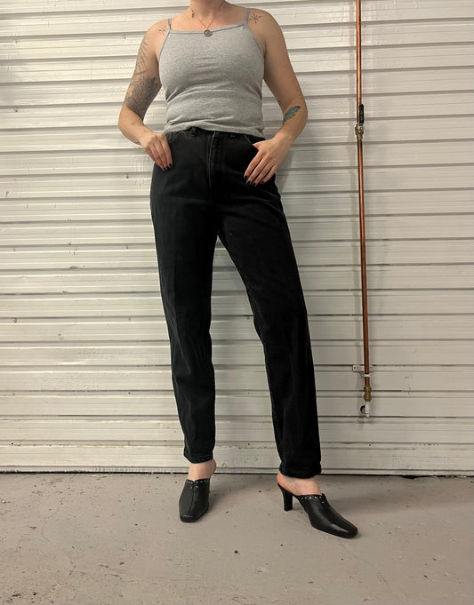 90’s Vintage Faded Black High Waist Straight Leg Jeans / 28 Waist