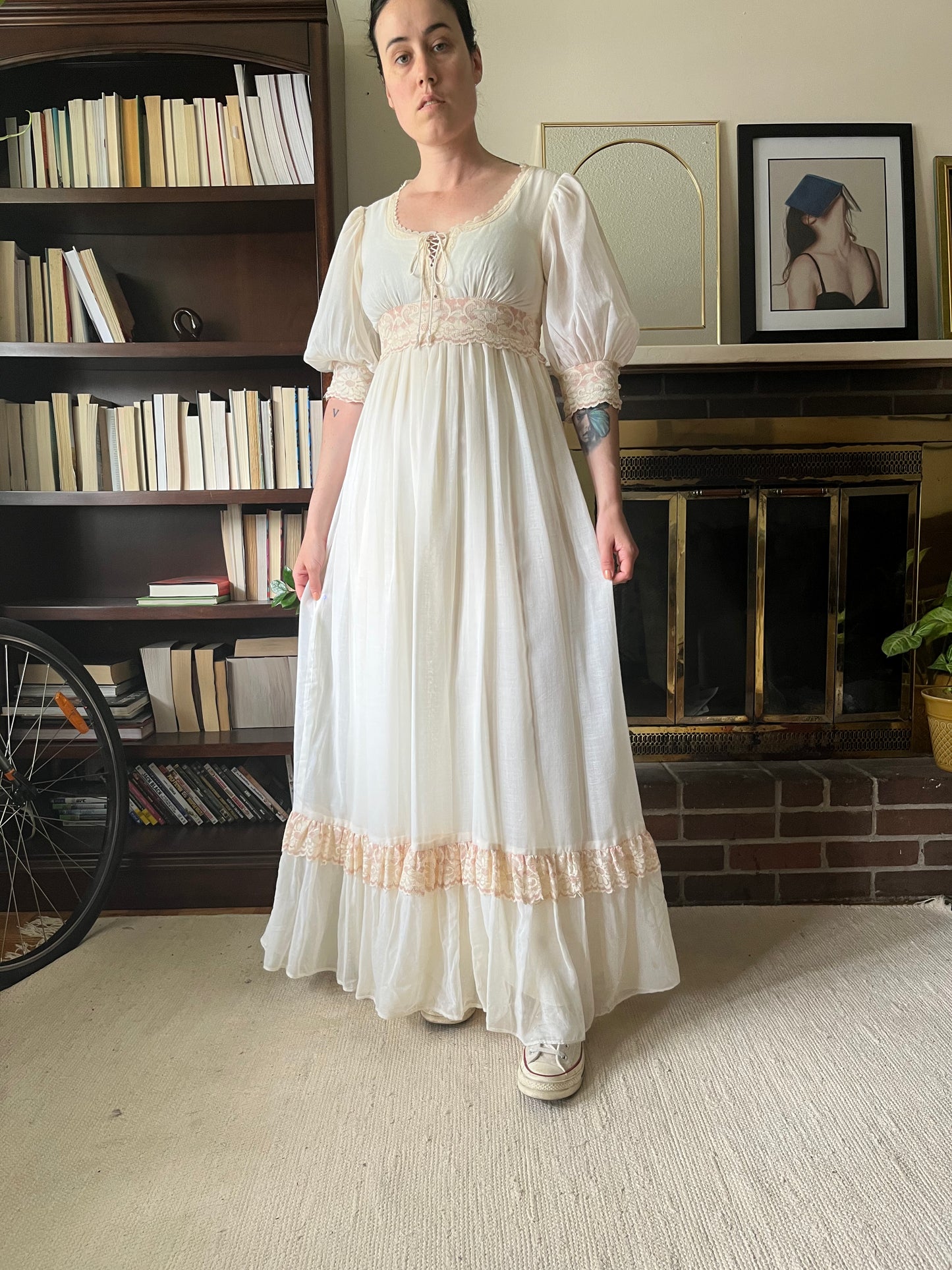 70 s Vintage Gunne Sax Cream Pink Maxi Gauze Dress Size 6 8