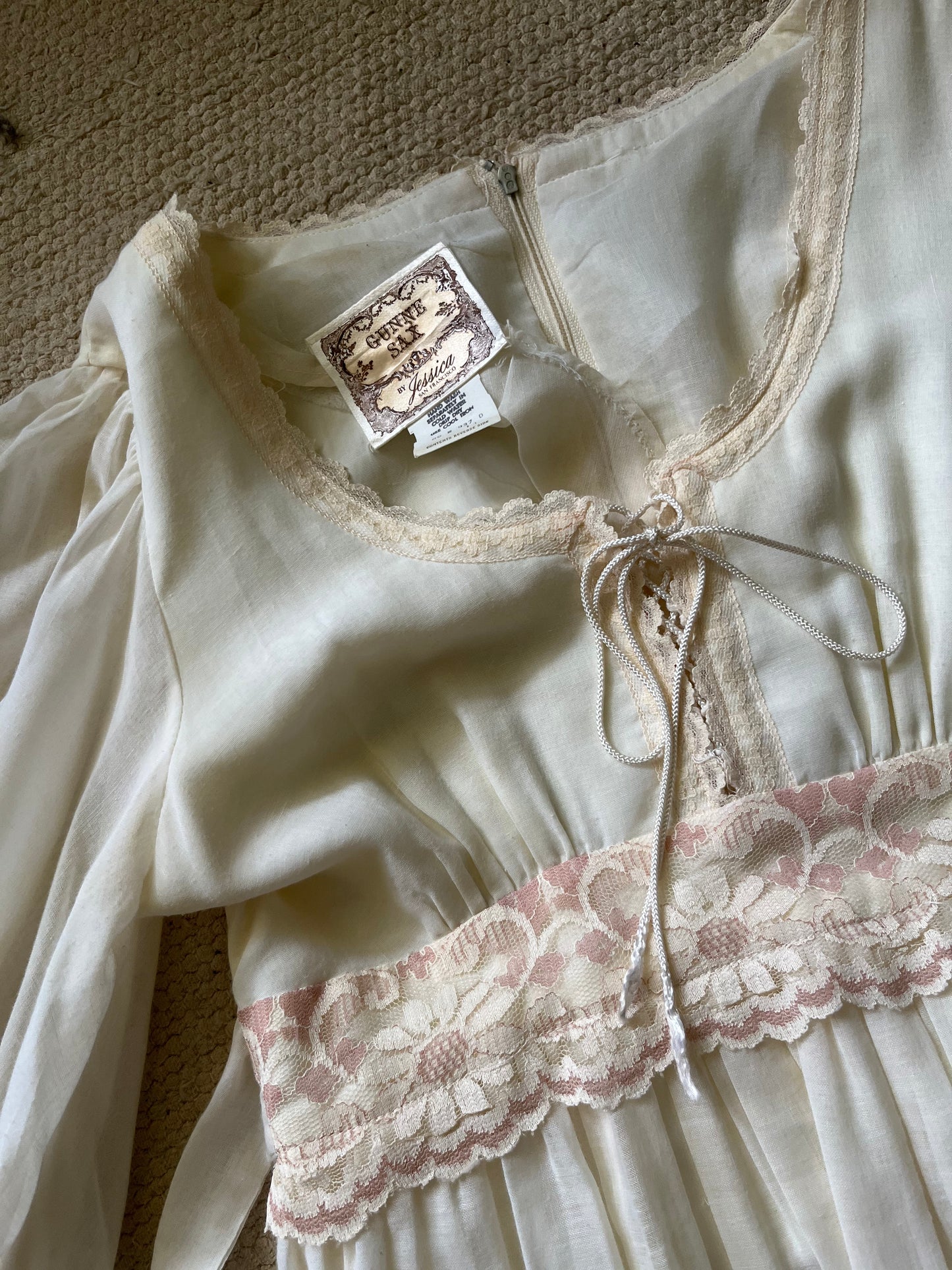 70’s Vintage Gunne Sax Cream & Pink Maxi Gauze Dress / Size 6-8